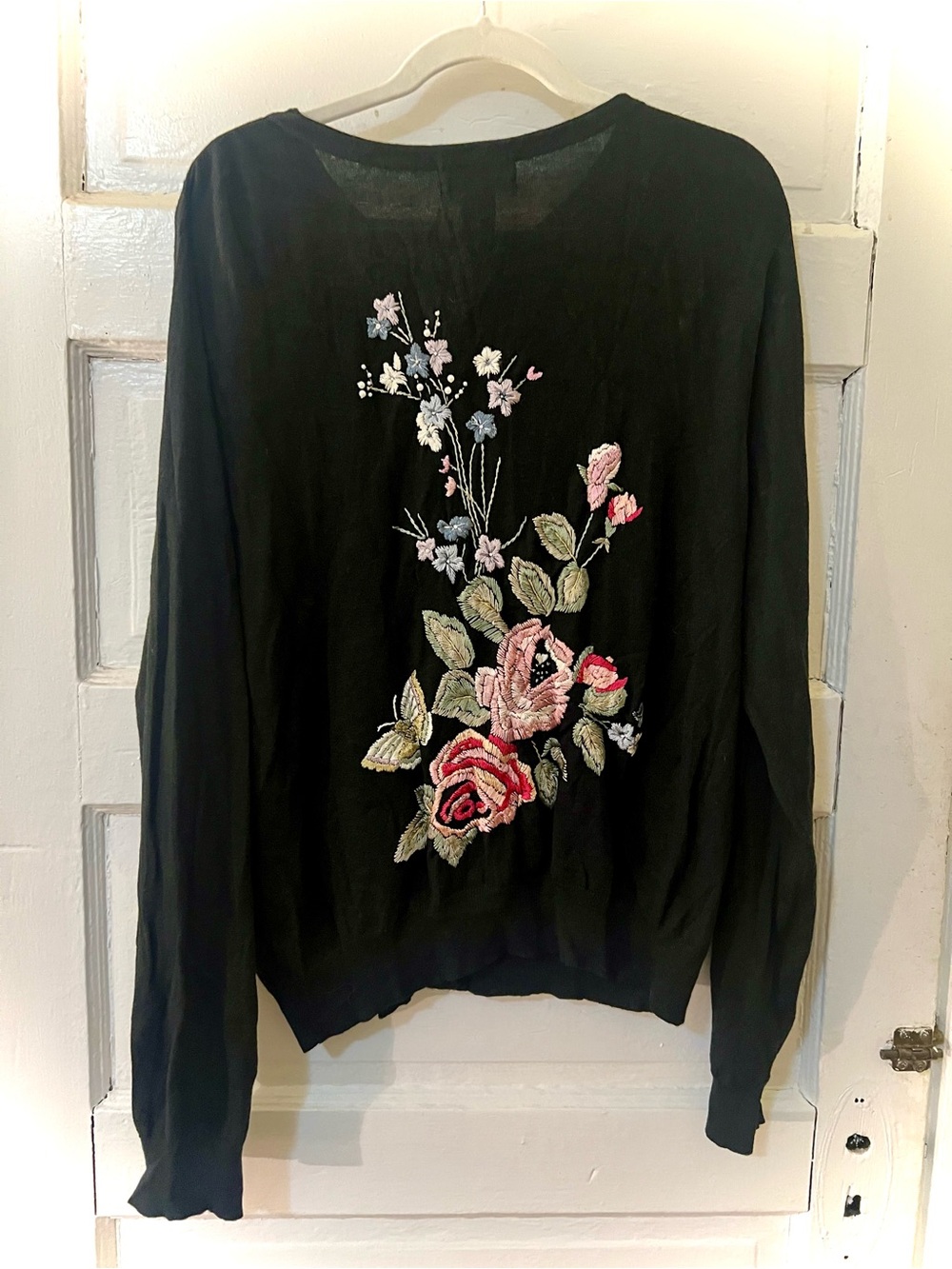 Tiara Vintage Floral Butterfly Embroidered Black Cardigan with Pearls & Beading
